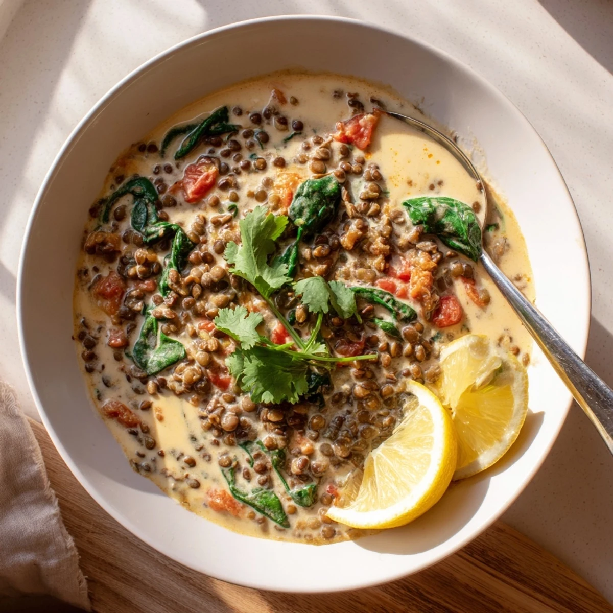 Creamy Greek yogurt lentil curry served in a white bowl with fresh cilantro garnish