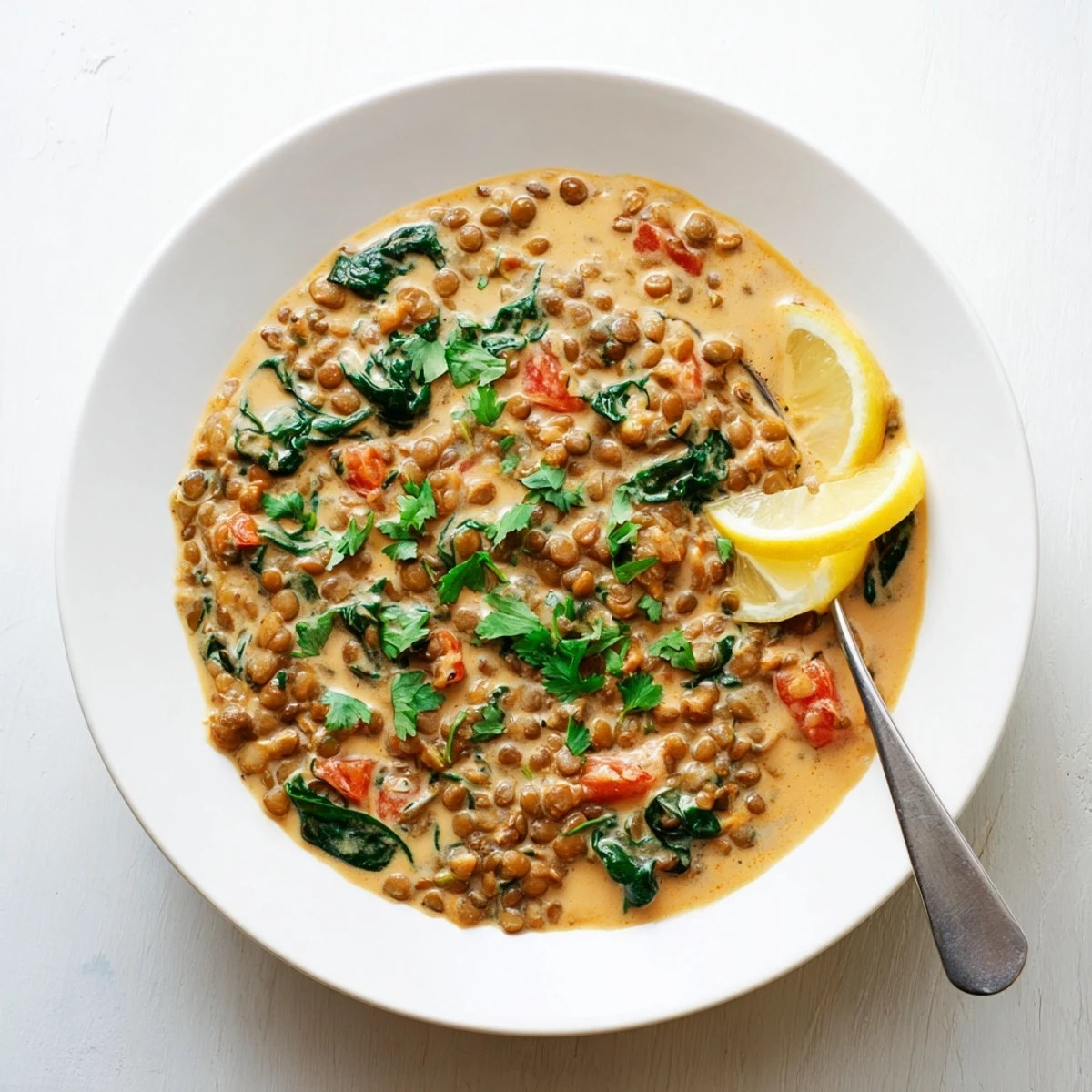 Savory Greek yogurt lentil curry plated with fluffy basmati rice and lemon wedges on side