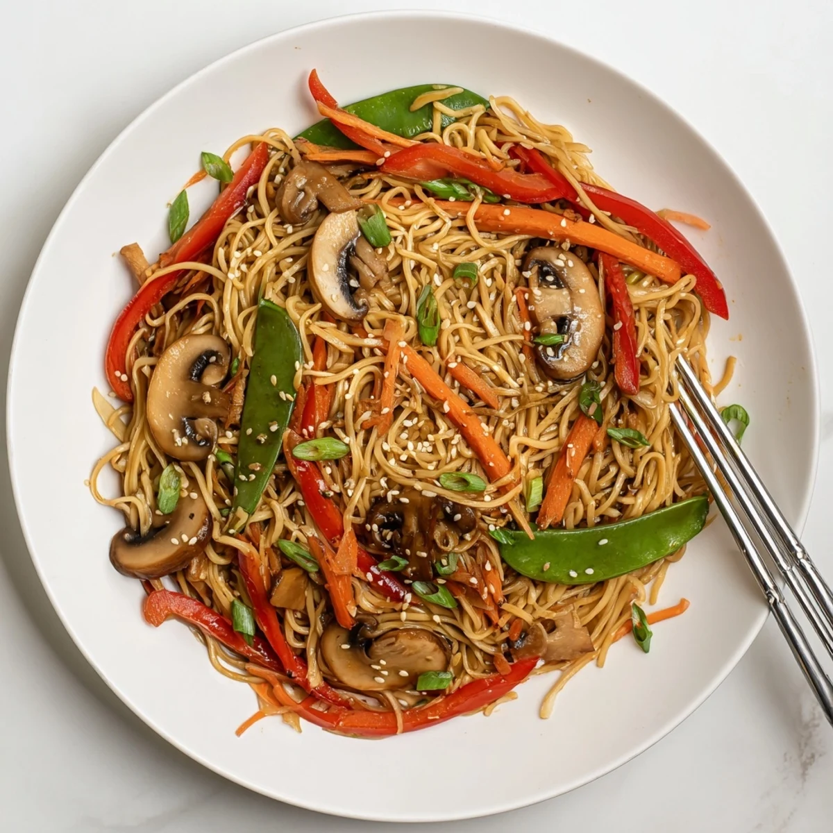Wok-fried garlic mushroom chow mein featuring tender noodles, crisp bell peppers, and snap peas