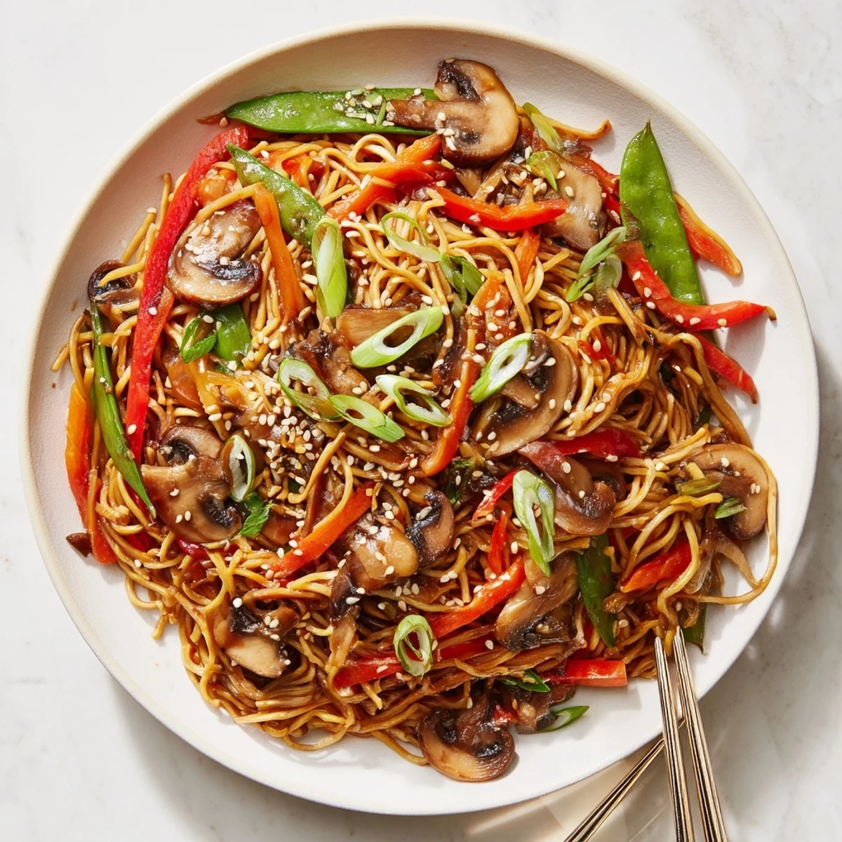 Close-up of vegetarian garlic mushroom chow mein garnished with sesame seeds and fresh spring onions