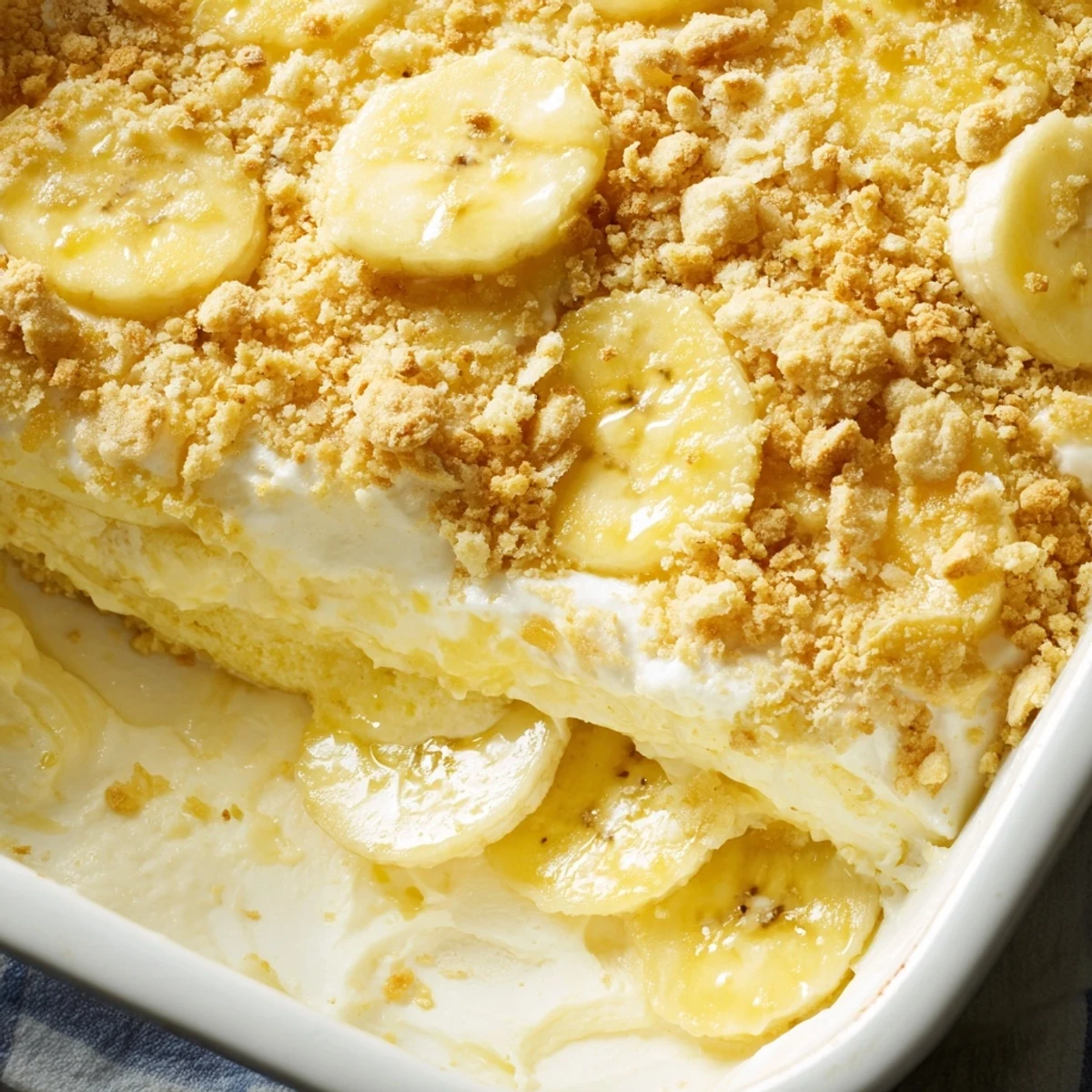 Golden Southern Banana Pudding Cheesecake Dump Cake topped with fluffy whipped cream and fresh banana slices