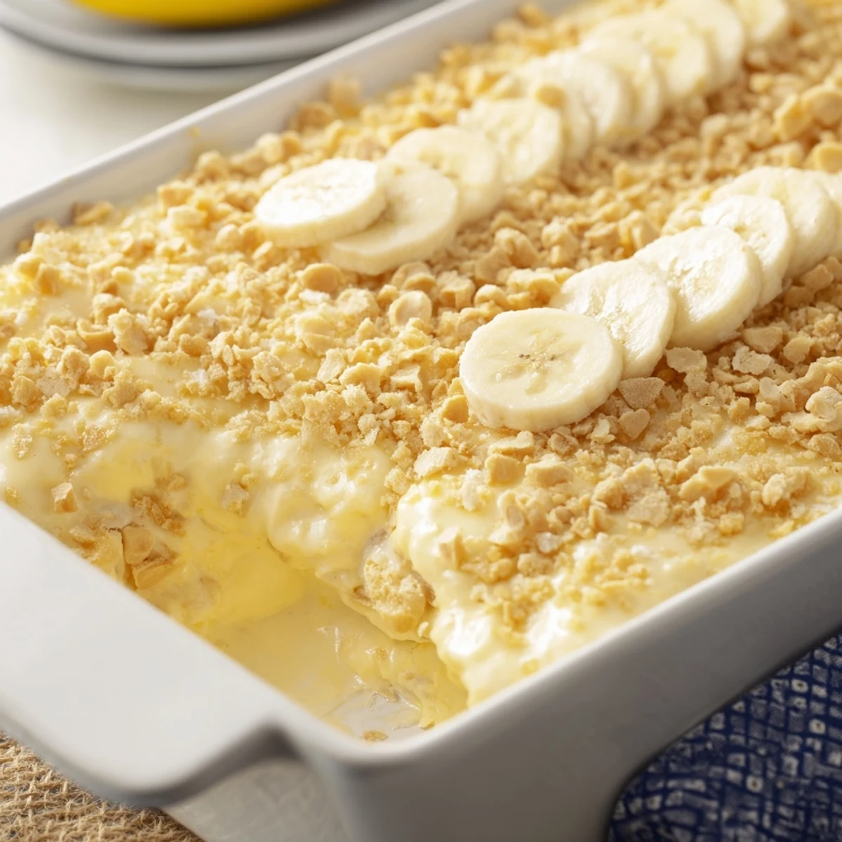 Warm slice of banana pudding cheesecake dump cake served with vanilla wafer crumbles and sweet cream