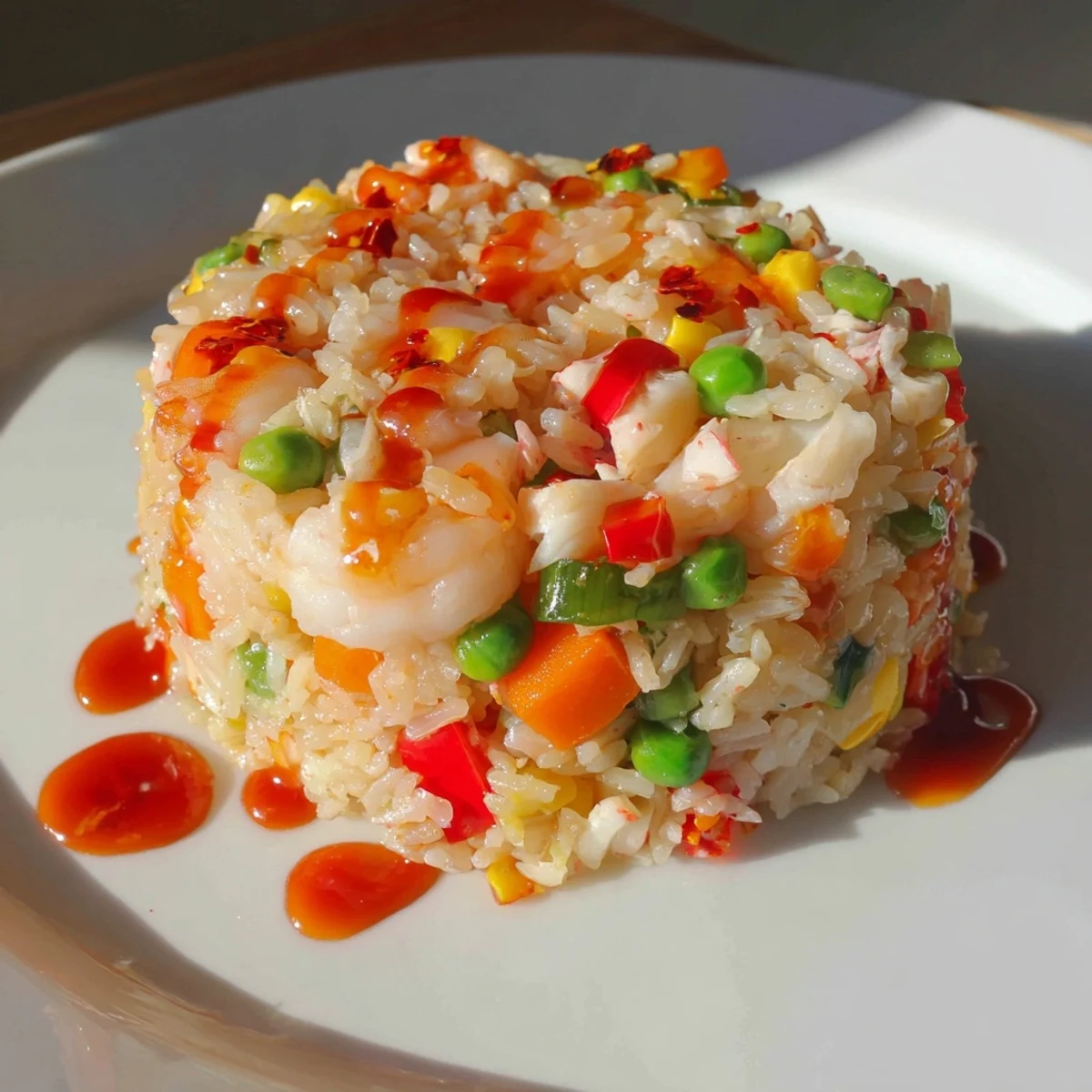 Golden spicy crab and shrimp fried rice drizzled with vibrant red garlic chili oil
