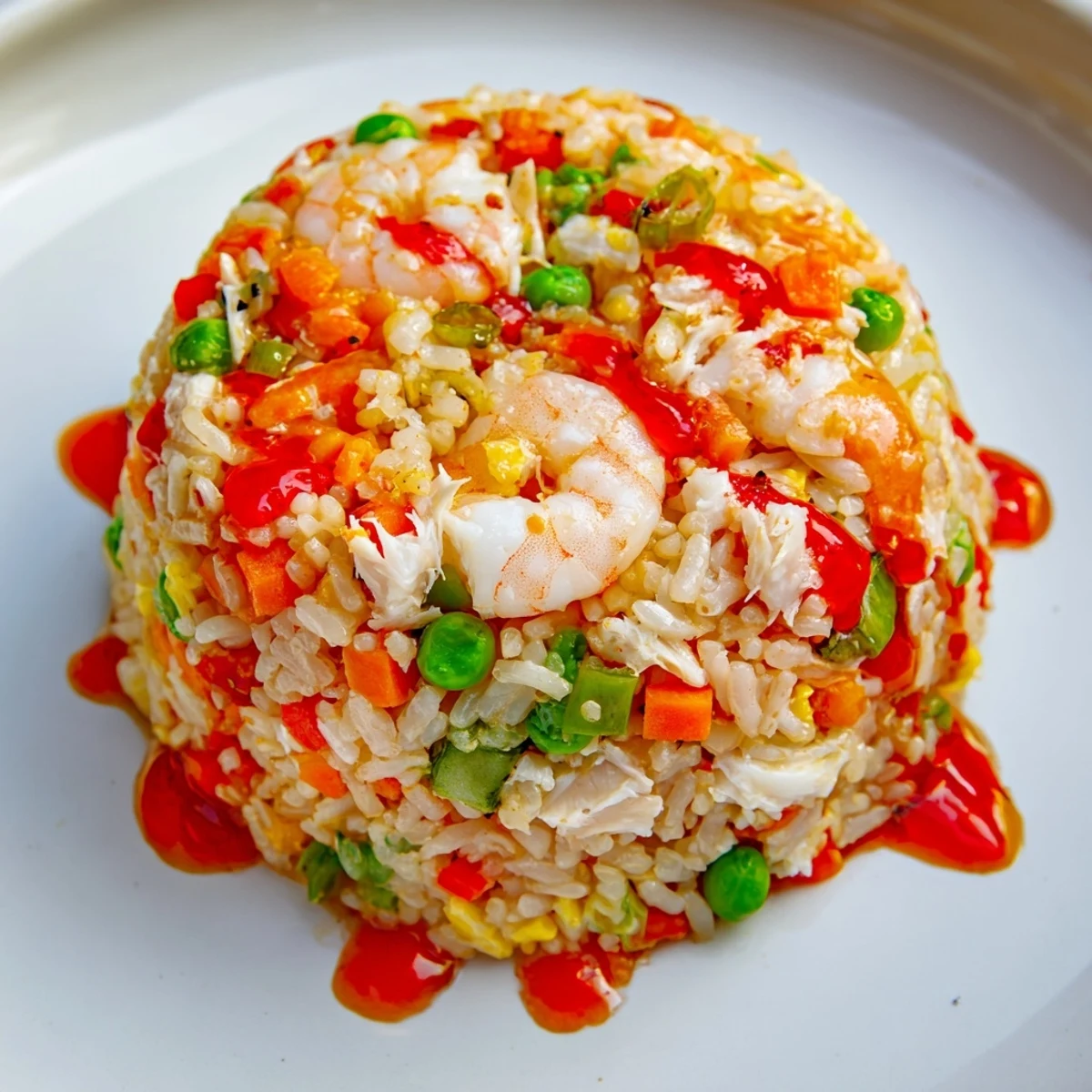 Close-up of spicy crab and shrimp fried rice topped with glossy homemade garlic chili oil