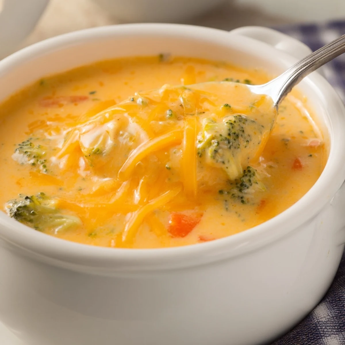 Creamy Instant Pot Broccoli Cheddar Soup topped with melted shredded cheddar cheese in a white bowl