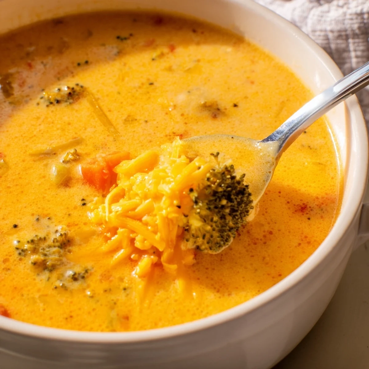 Steaming bowl of homemade Instant Pot Broccoli Cheddar Soup garnished with fresh broccoli florets and cracked black pepper
