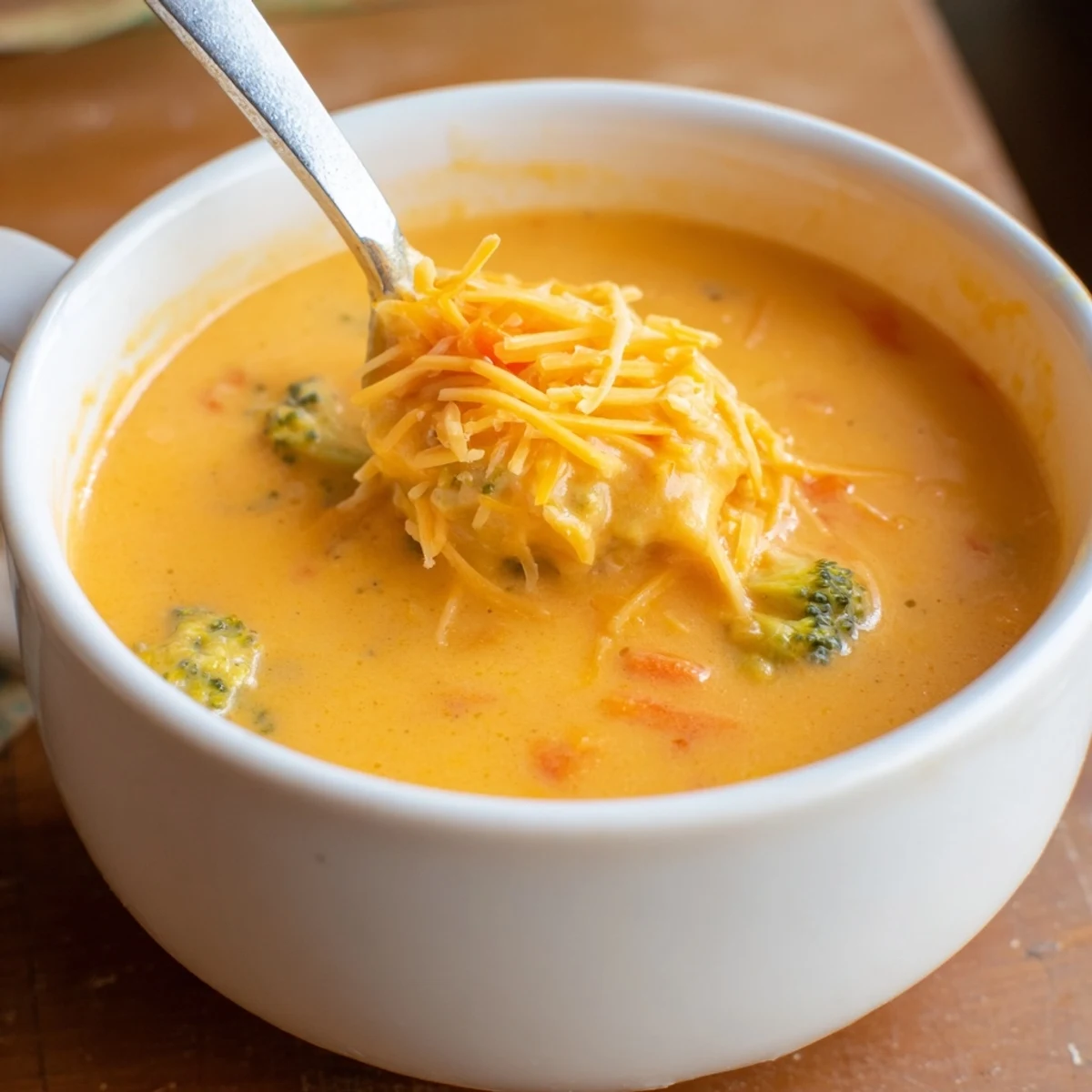 Rich and velvety Instant Pot Broccoli Cheddar Soup served with crusty bread on a wooden dining table