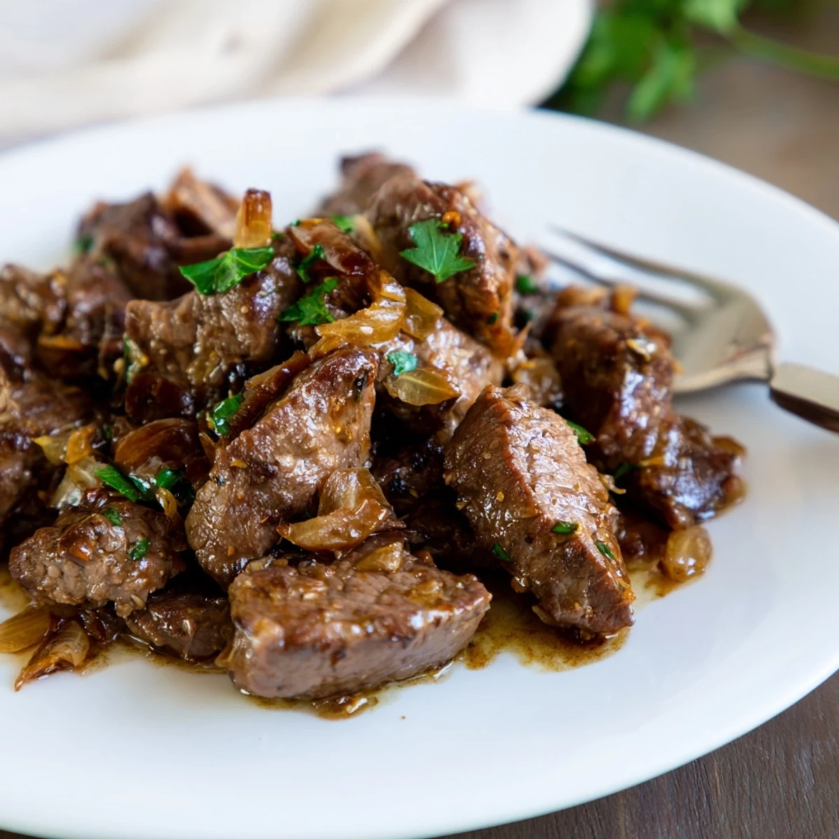 Tender beef cubes slow cooked with savory herbs and melted butter in a rich sauce