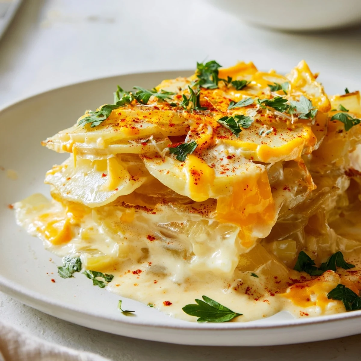 Creamy Crockpot scalloped potatoes with melted cheddar and tender layered potato slices