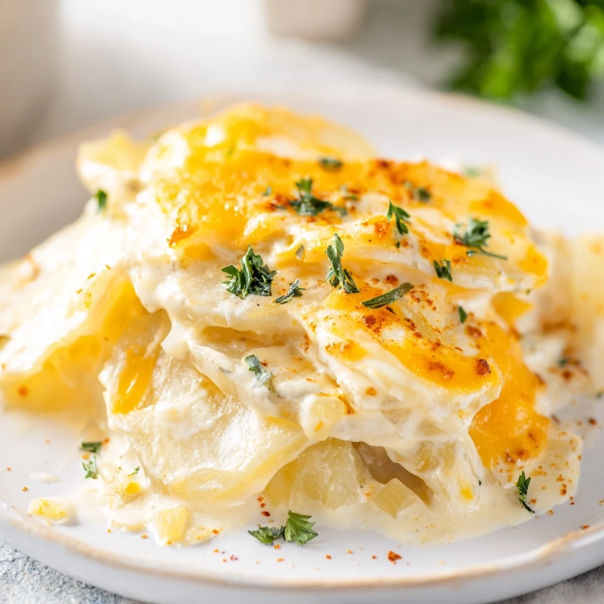 Golden slow cooker scalloped potatoes bubbling with cheesy garlic sauce and fresh parsley garnish
