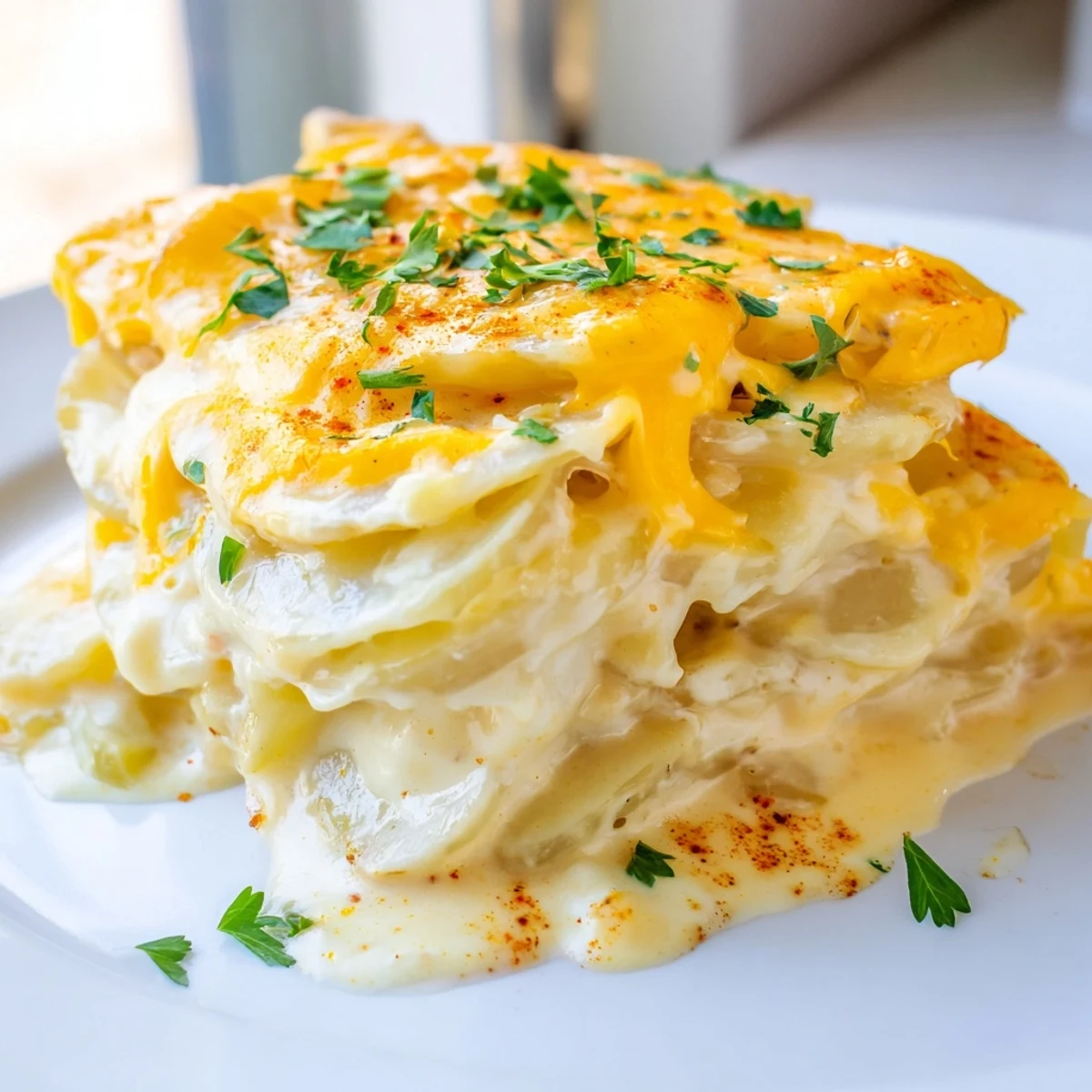Comforting Crockpot scalloped potatoes featuring velvety cheese sauce over fork-tender layered potato slices