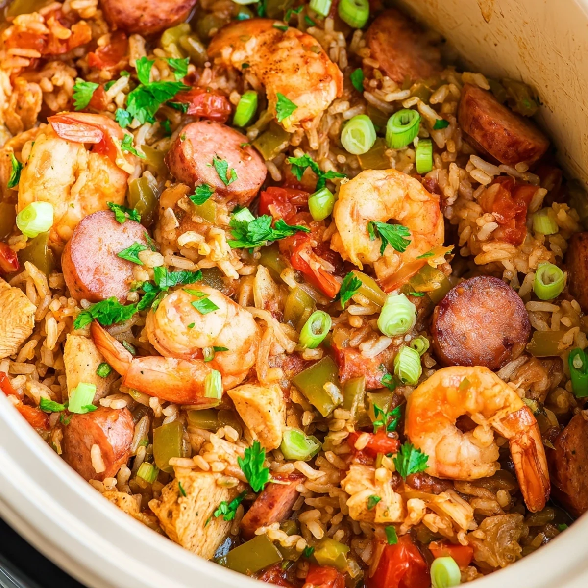 Slow cooker Crock Pot Jambalaya featuring tender chicken, spicy sausage and pink shrimp in rich red broth