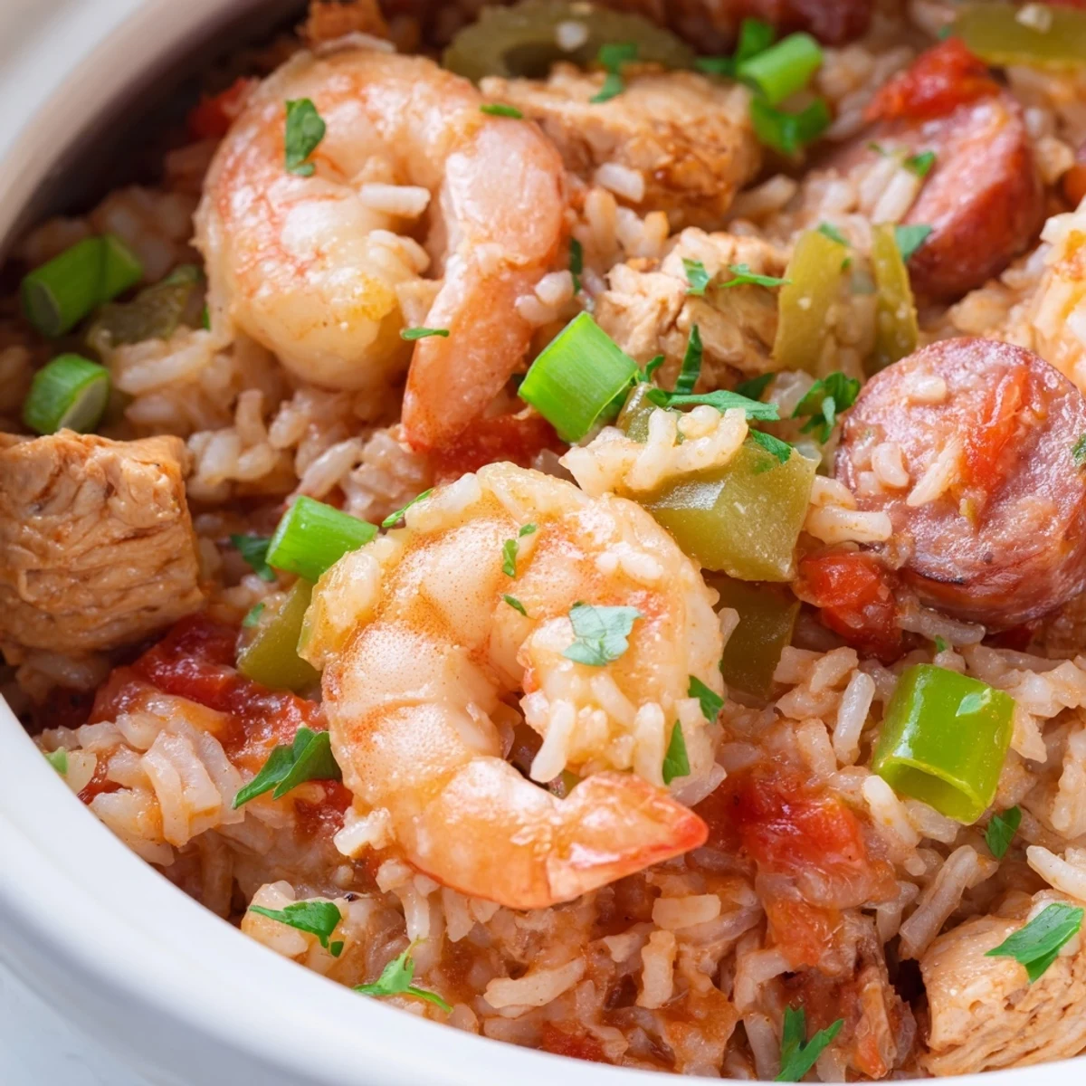 Hearty Crock Pot Jambalaya bowl loaded with succulent meats, fluffy rice and colorful vegetables in slow-cooked Creole sauce