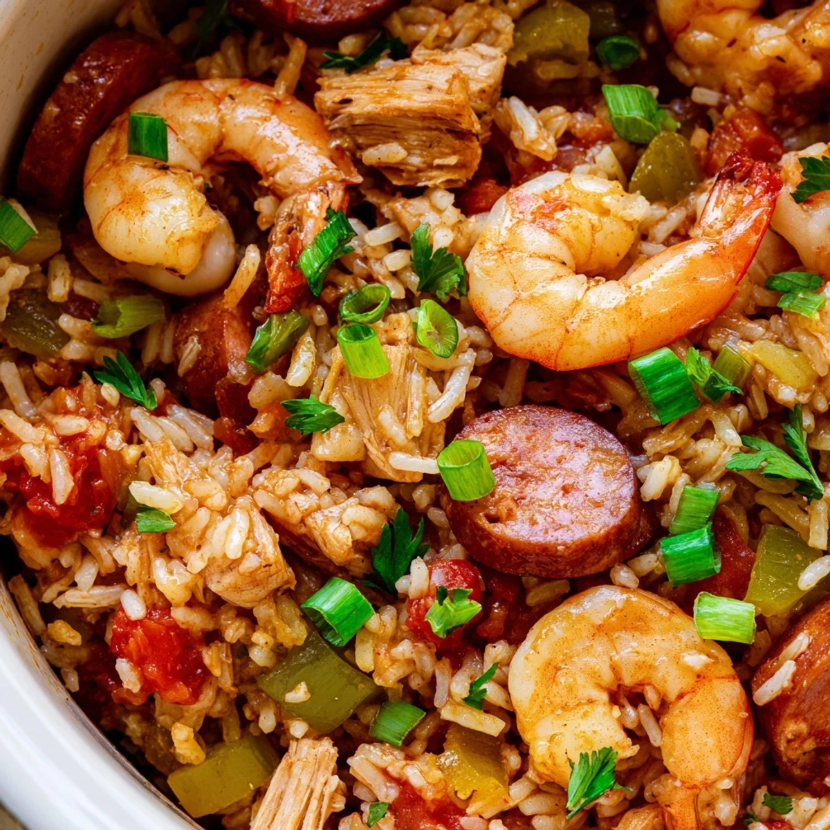 Spicy Crock Pot Jambalaya with plump shrimp, andouille sausage and tender chicken pieces served over perfectly cooked rice