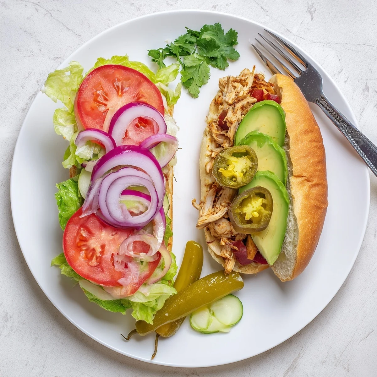 Hearty Mexican-style Chicken Torta Sandwich featuring spiced chicken breast, fresh tomato slices, and red onion on soft bread