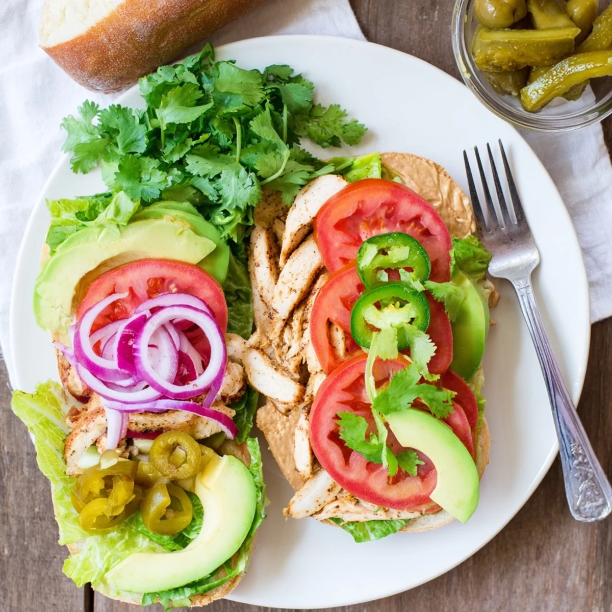 Sliced Chicken Torta Sandwich with layers of refried beans, crisp lettuce, ripe avocado, and pickled peppers on a roll