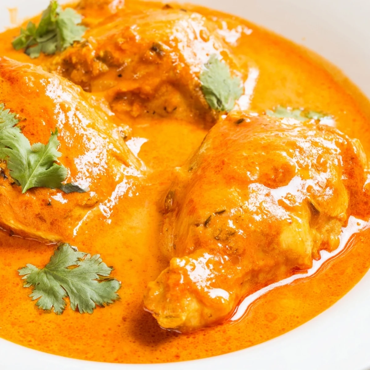 Rich Indian butter chicken in a red curry sauce with steam rising gently