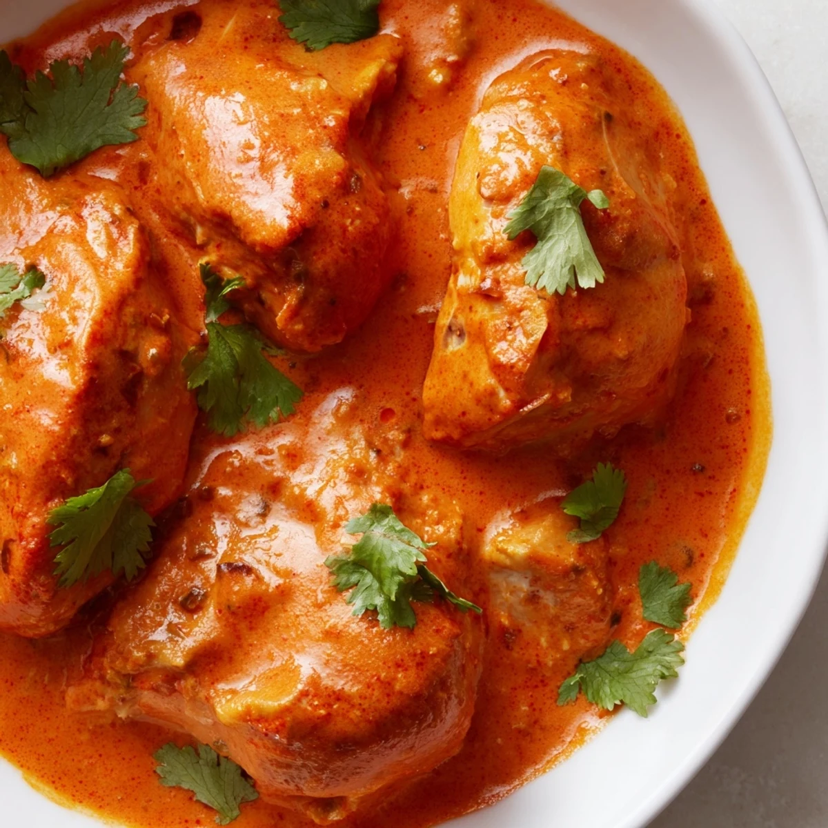 Golden butter chicken served over fluffy rice with fresh cilantro garnish on top