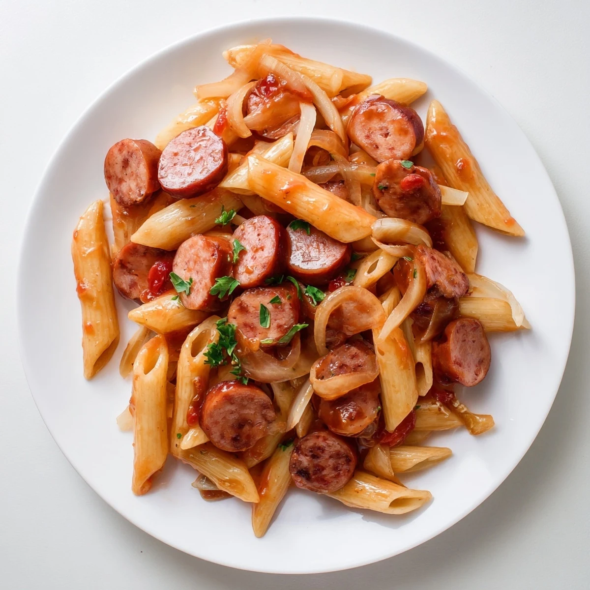 Golden honey garlic sausage pasta skillet topped with fresh parsley in a cast iron pan