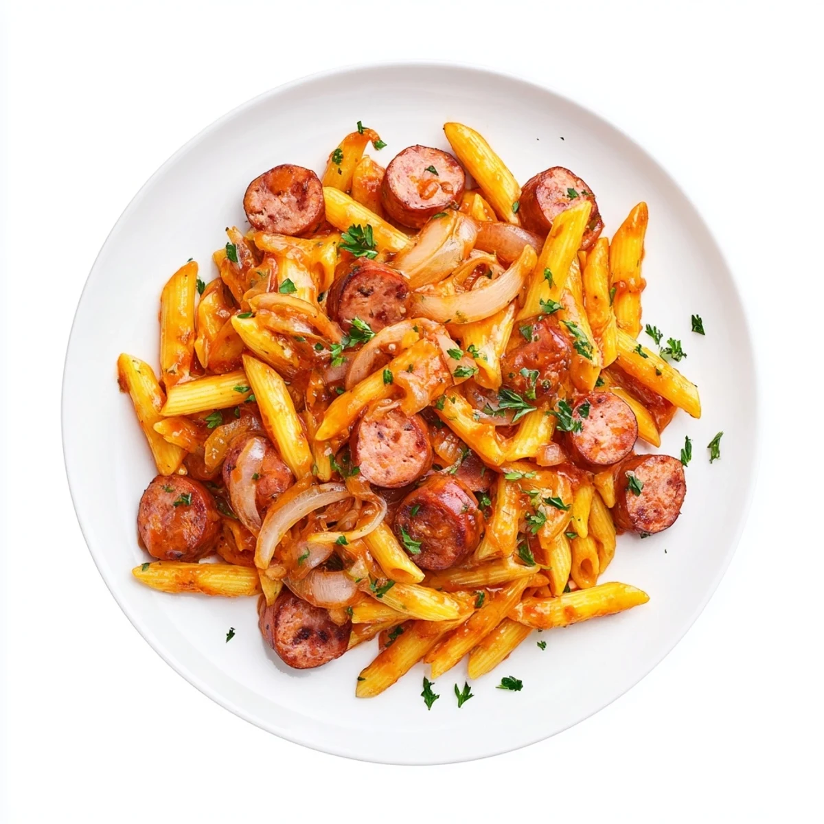 One pot honey garlic sausage pasta featuring caramelized meat slices coated in glossy sticky sauce