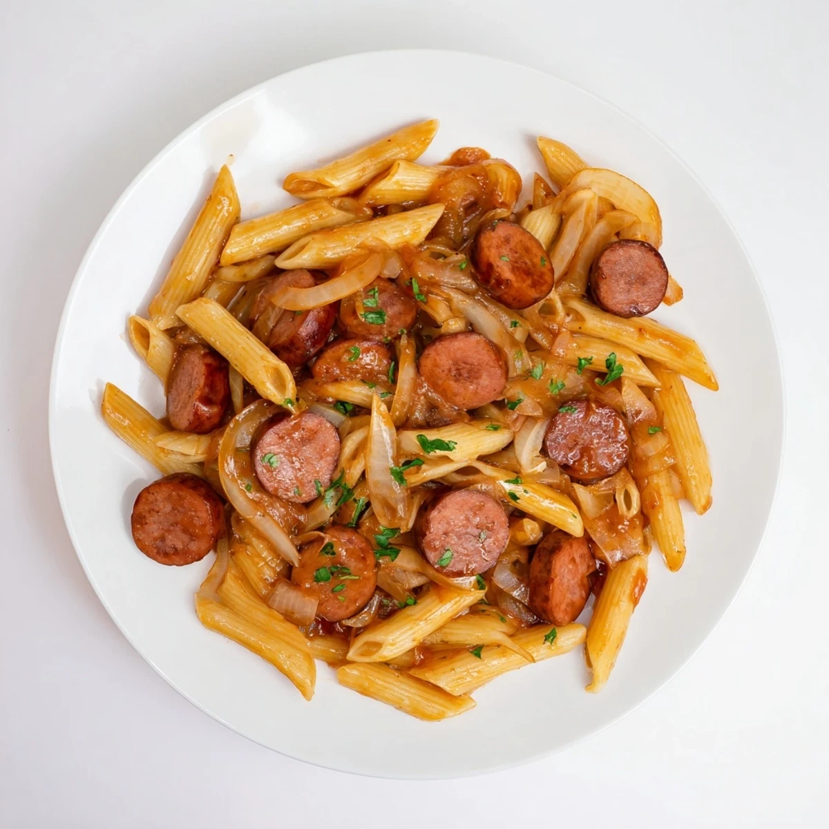 Savory smoked sausage and penne pasta tossed in thick honey garlic sauce with sprinkled green herbs