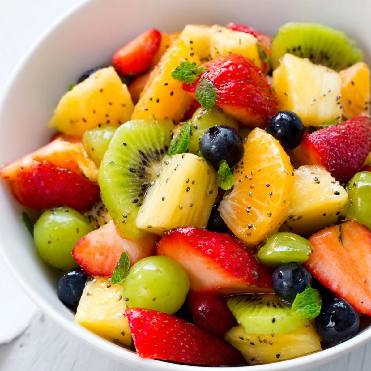 Colorful Easter fruit salad arranged in clear glass bowl drizzled with honey lime dressing
