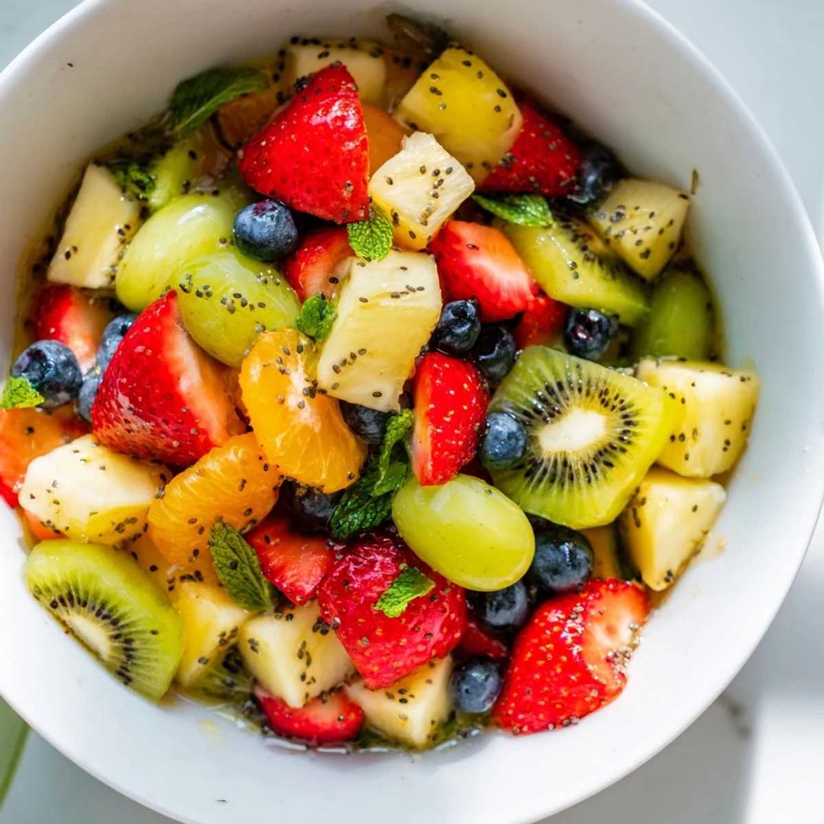 Fresh Easter fruit salad bowl with strawberries, pineapple, kiwi, blueberries, and mint garnish