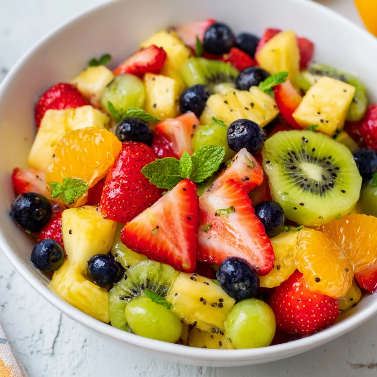 Vibrant spring Easter fruit salad featuring tropical fruits and fresh mint on white serving platter