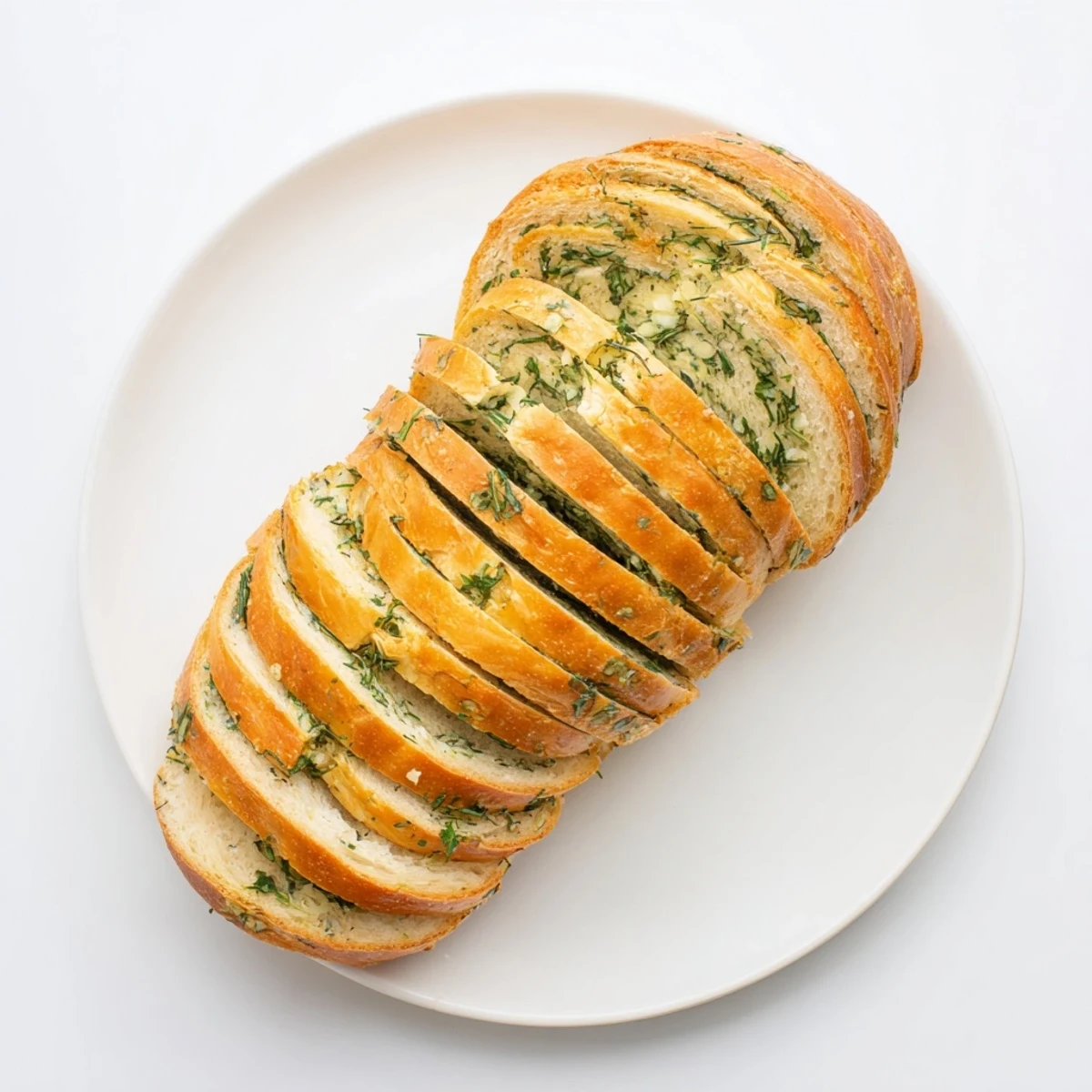 Golden garlic and herb bread loaf fresh from the oven with visible flecks of parsley and rosemary throughout