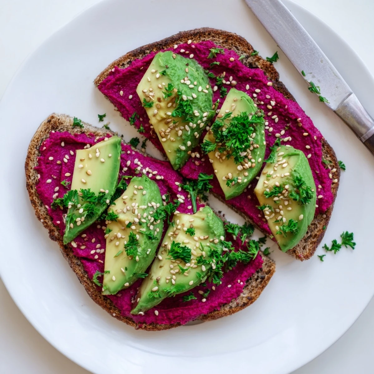Golden avocado slices atop vibrant pink beet hummus on toasted sourdough bread