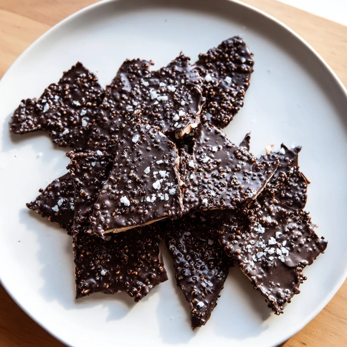 Rich chocolate coated quinoa clusters arranged neatly on parchment paper for chilling