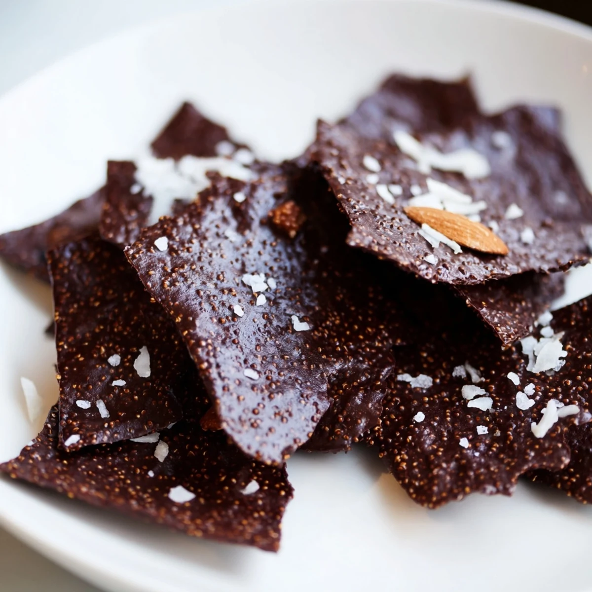 Bite-sized dark chocolate quinoa crisps scattered on a rustic wooden serving board