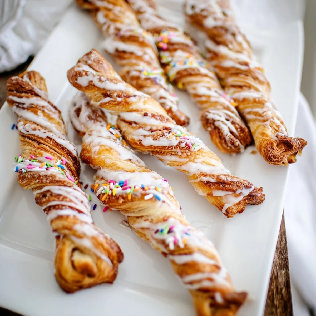 Golden brown Easter Bunny Twists pastry drizzled with white icing and colorful sprinkles on a white plate