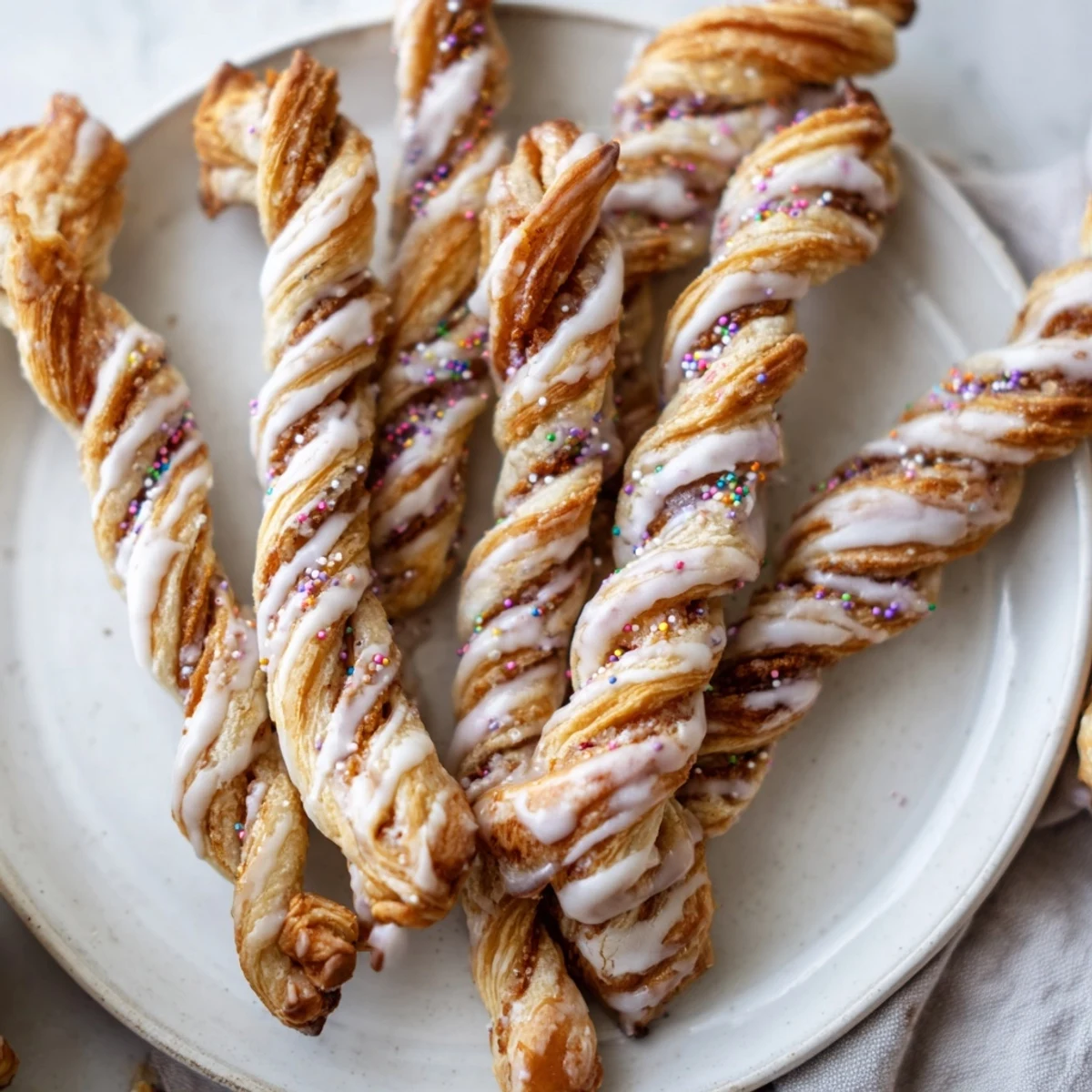 Freshly baked Easter Bunny Twists shaped like bunny ears with sweet glaze on parchment paper background