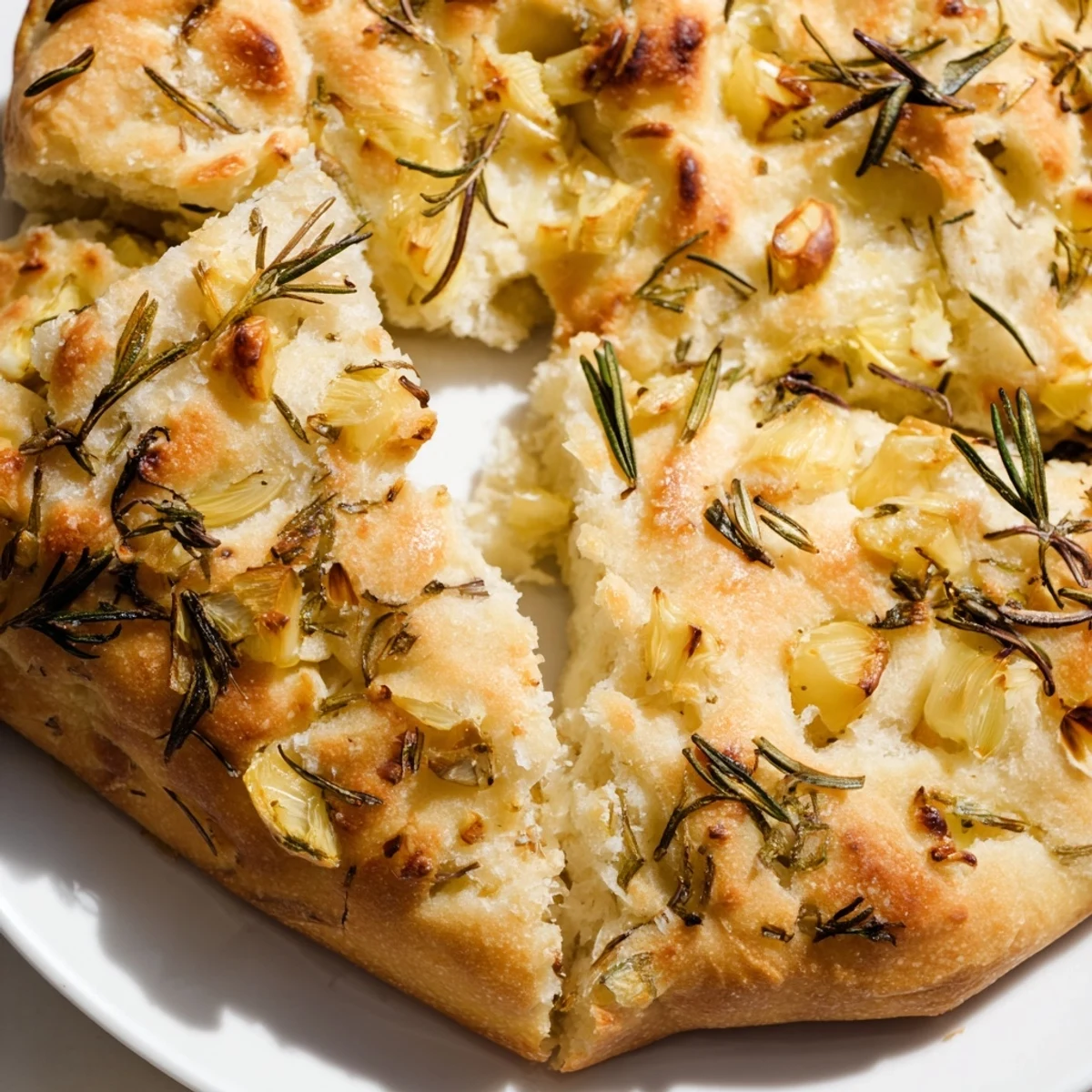 Warm artisan skillet bread featuring rosemary and roasted garlic, sliced for sharing with olive oil dip