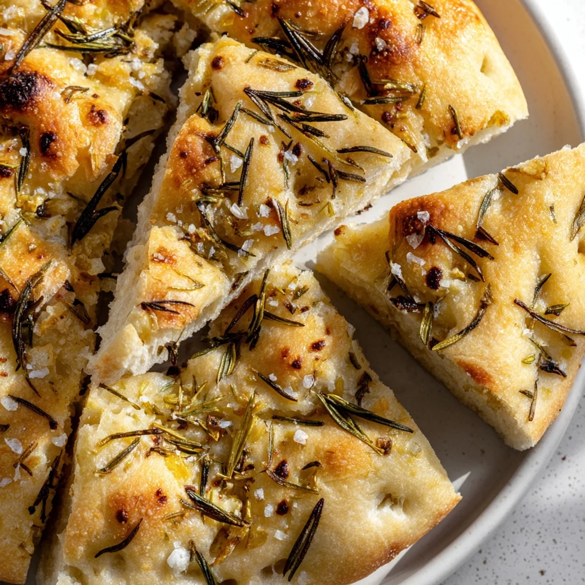 Homemade garlic rosemary skillet bread displaying golden crust and soft interior, sprinkled with coarse sea salt