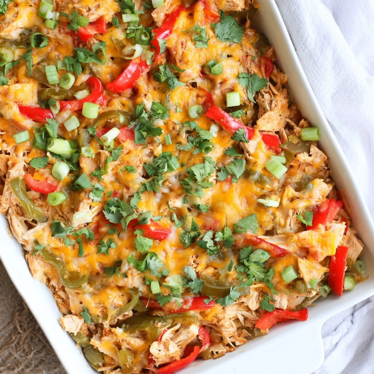 Golden cheesy chicken fajita casserole bubbling with colorful bell peppers and melted Mexican cheese