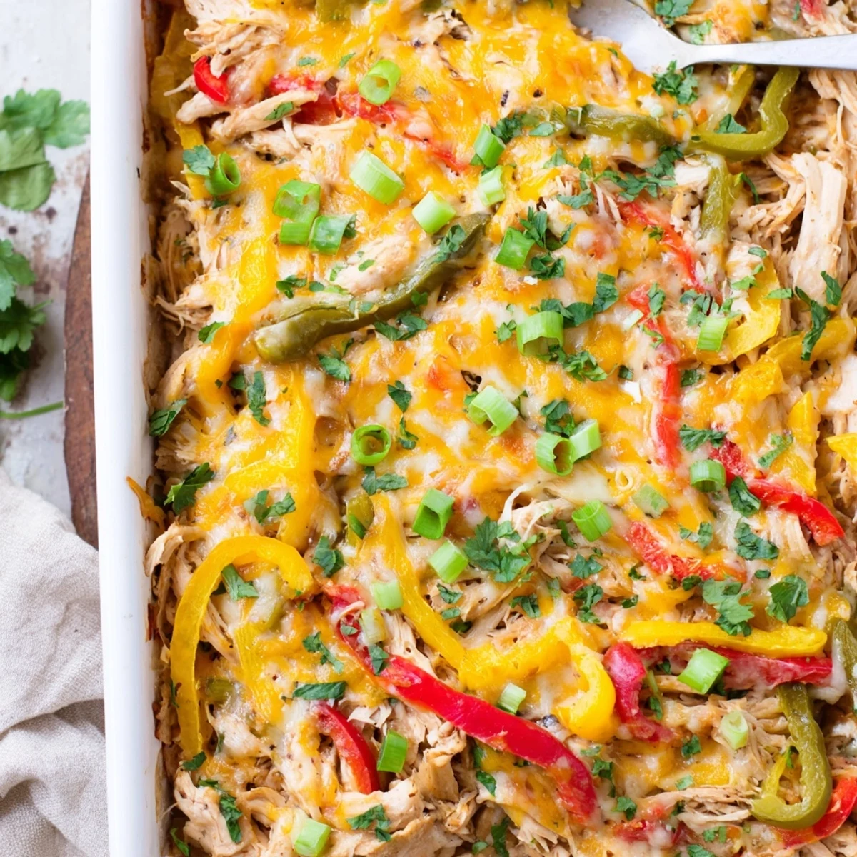 Oven-baked chicken fajita casserole featuring tender shredded chicken, sautéed peppers, and bubbly cheese topping