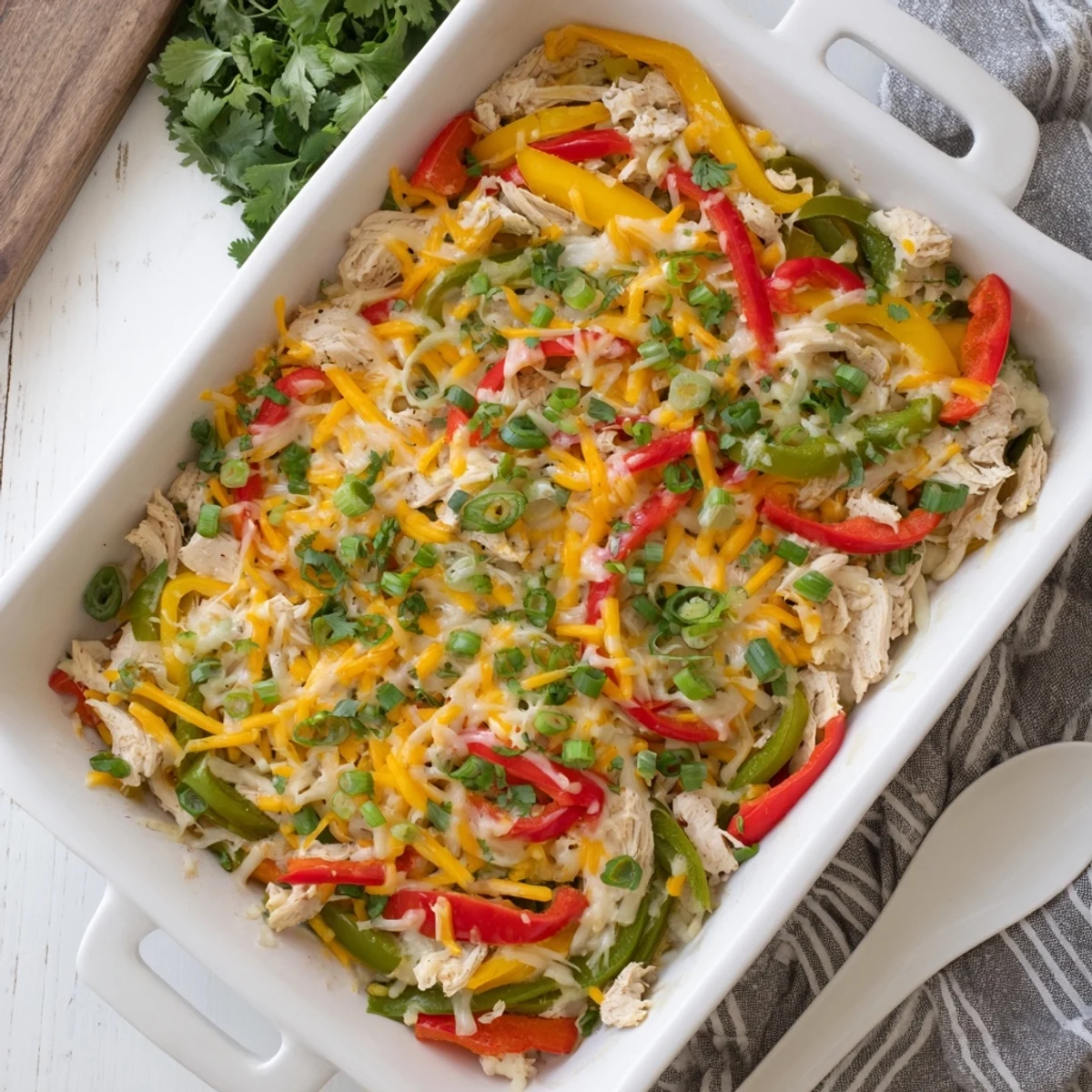 Comforting Tex-Mex chicken fajita casserole topped with melted cheese and fresh cilantro garnish