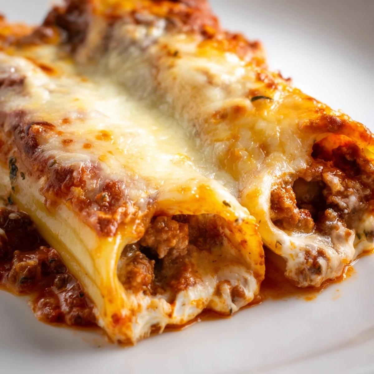 Golden brown cheesy stuffed manicotti pasta tubes smothered in rich homemade meat sauce with melted mozzarella topping