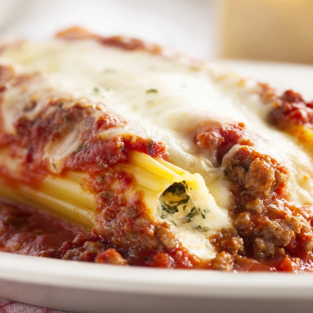 Baked Italian manicotti filled with creamy ricotta cheese blend and hearty tomato beef sauce in a casserole dish