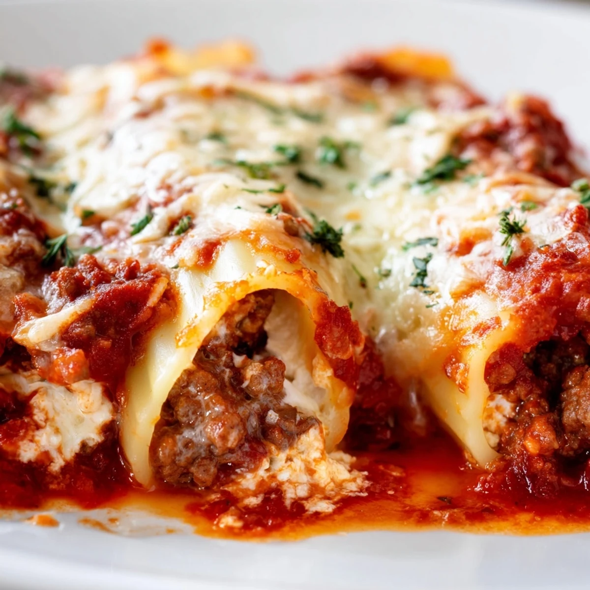 Comfort food classic of tender stuffed manicotti shells with three cheese filling and savory seasoned meat sauce