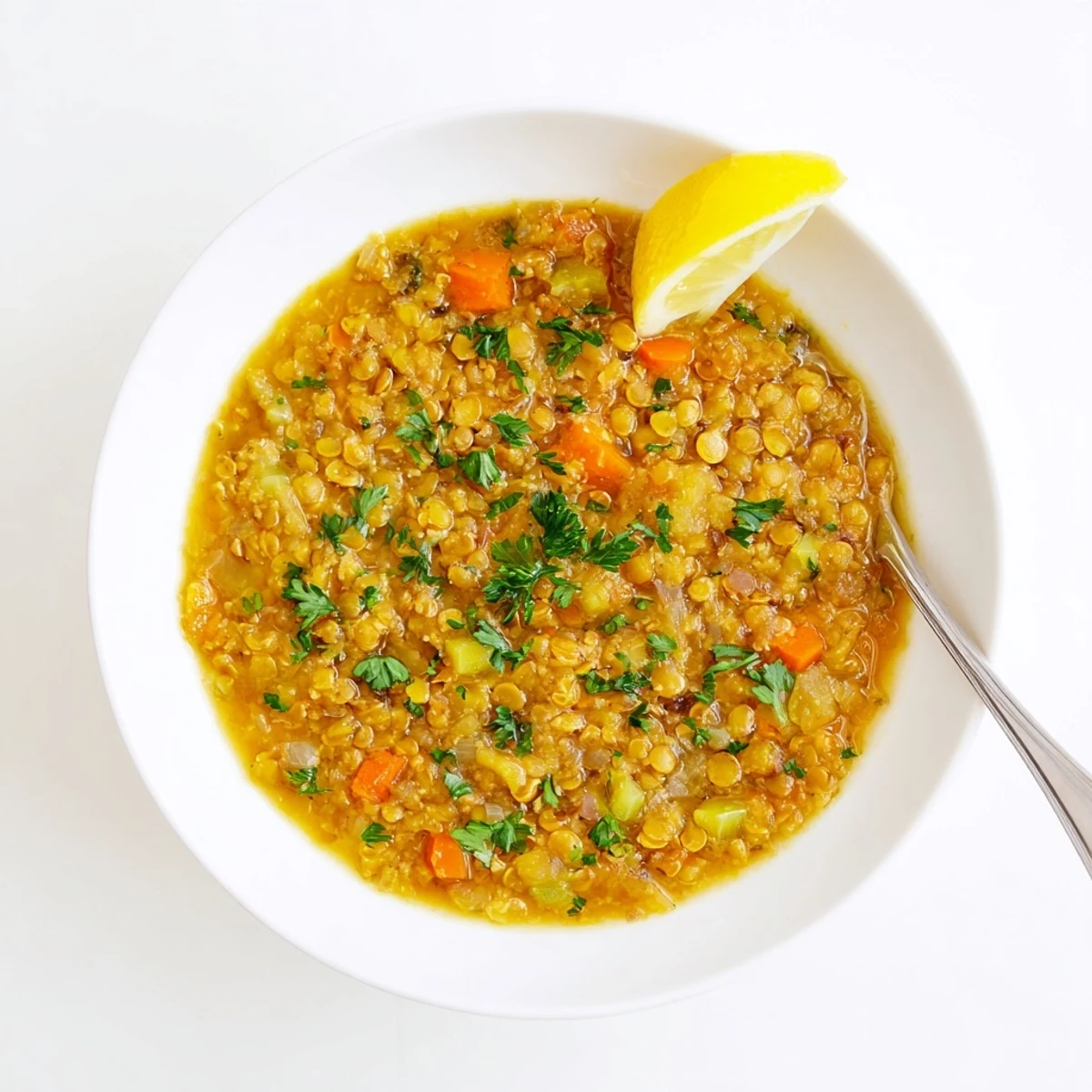 Steaming bowl of caramelized onion red lentil soup with golden caramelized onions on top