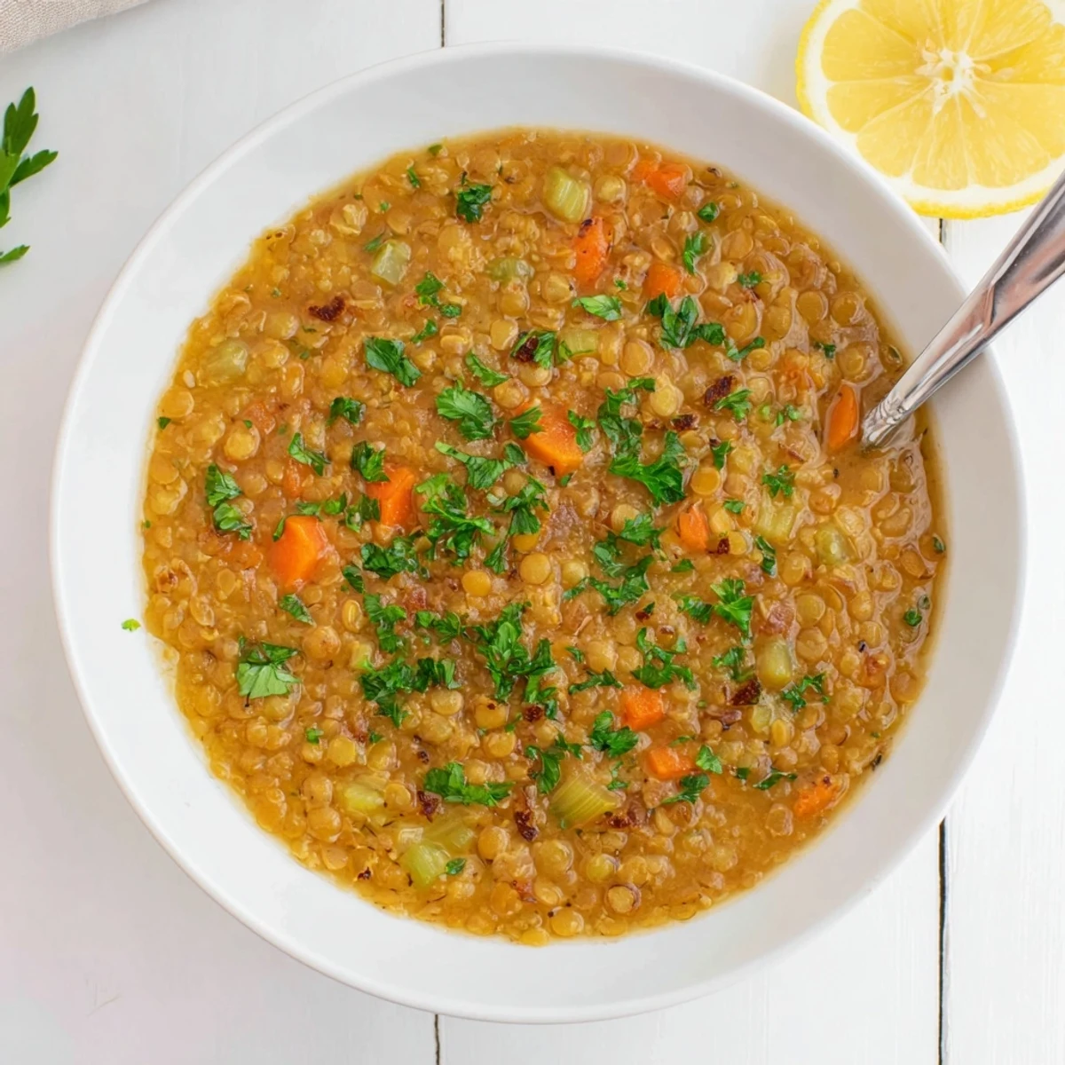 Creamy caramelized onion red lentil soup garnished with fresh parsley in a white bowl