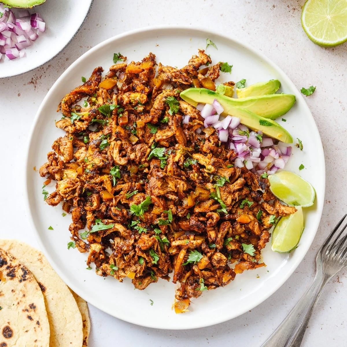 Crispy mushroom carnitas spiced with cumin and paprika served with lime wedges and diced red onion