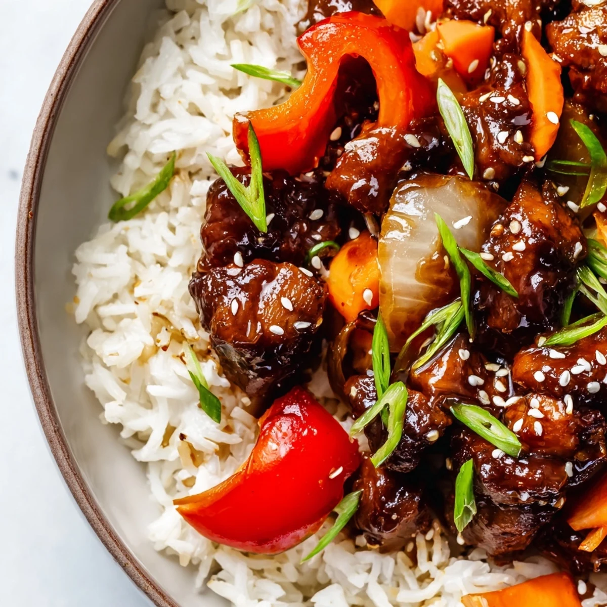 One Pan Korean BBQ Chicken and Rice topped with sesame seeds and green onions in cast iron skillet