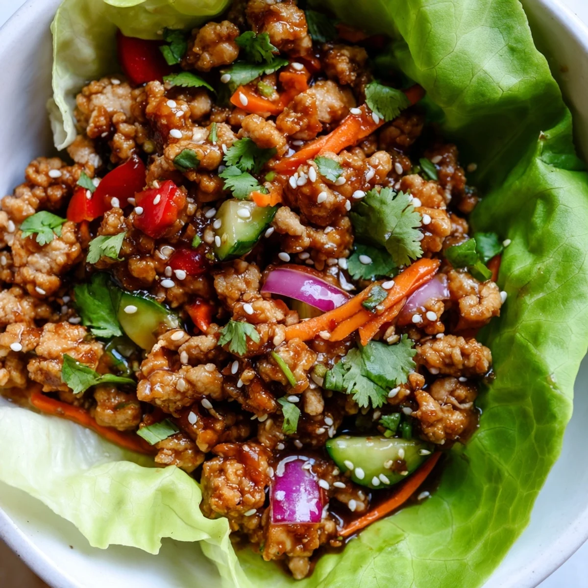 Seasoned ground turkey filling served in crisp romaine lettuce cups with fresh vegetables