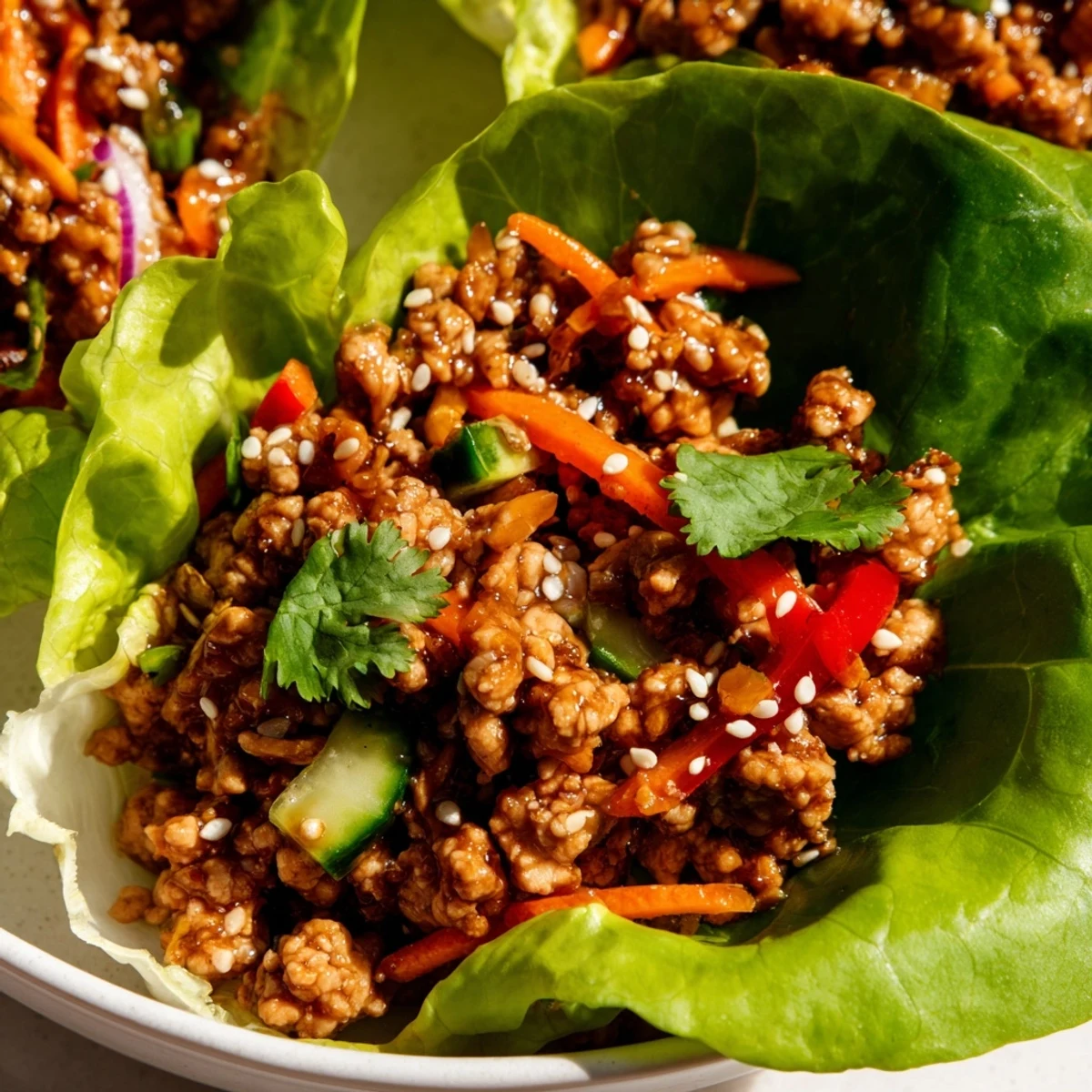 Healthy ground turkey lettuce wrap bowls topped with sesame seeds and cilantro