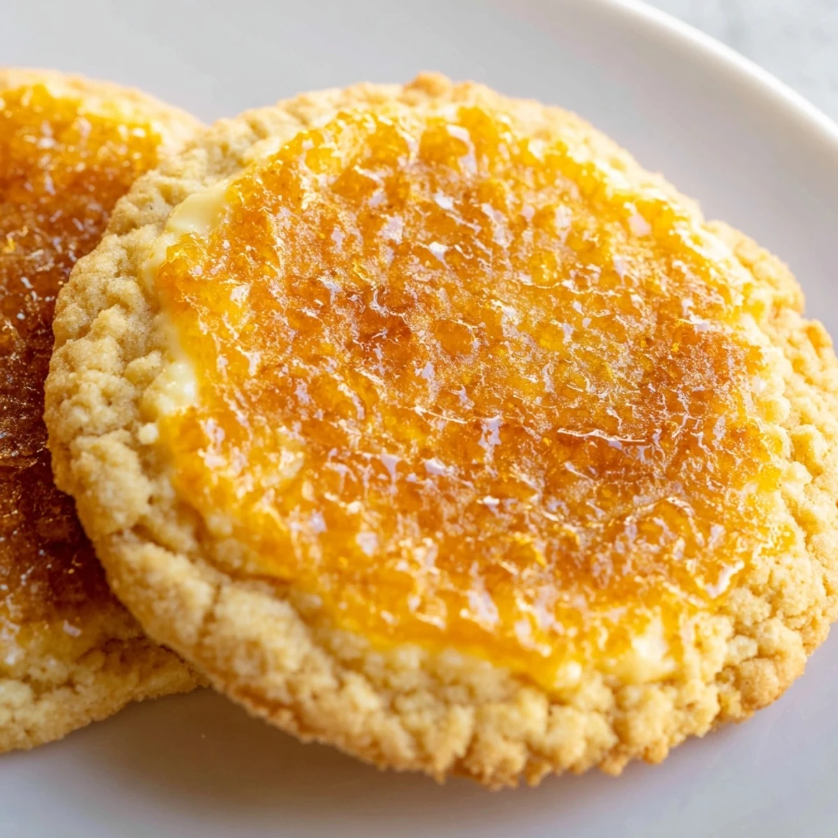 Golden caramelized sugar tops soft baked creme brulee cookies with creamy vanilla centers
