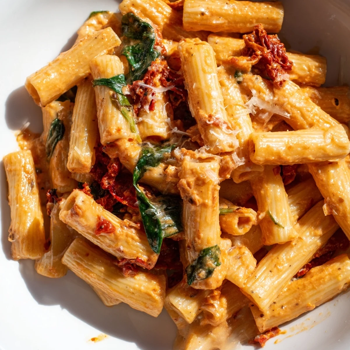 Creamy sun dried tomato spinach pasta in a rustic skillet with vibrant green wilted leaves